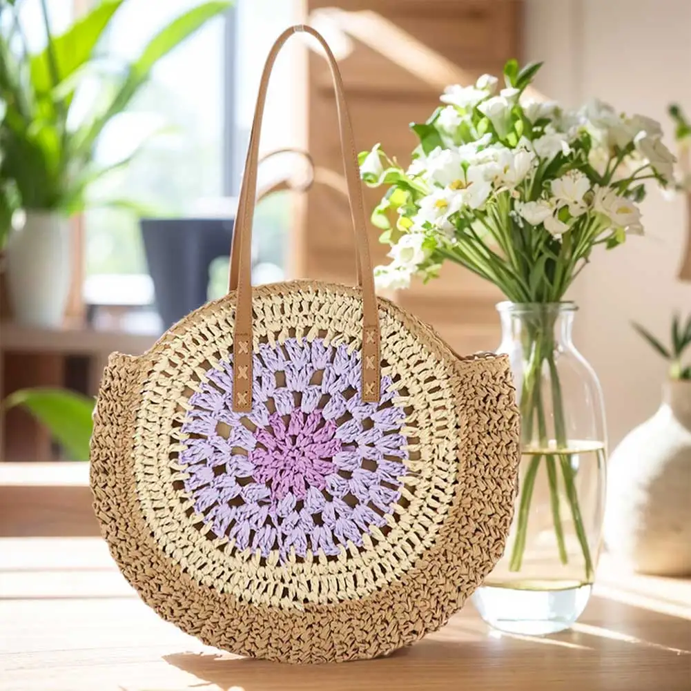 Round Summer Straw Bag with Zipper Closure Beach Shoulder Bag with Color Collision Large Woven Beach Bag Holiday Travel Handbag