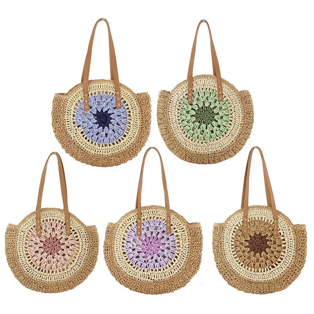 Round Summer Straw Bag with Zipper Closure Beach Shoulder Bag with Color Collision Large Woven Beach Bag Holiday Travel Handbag