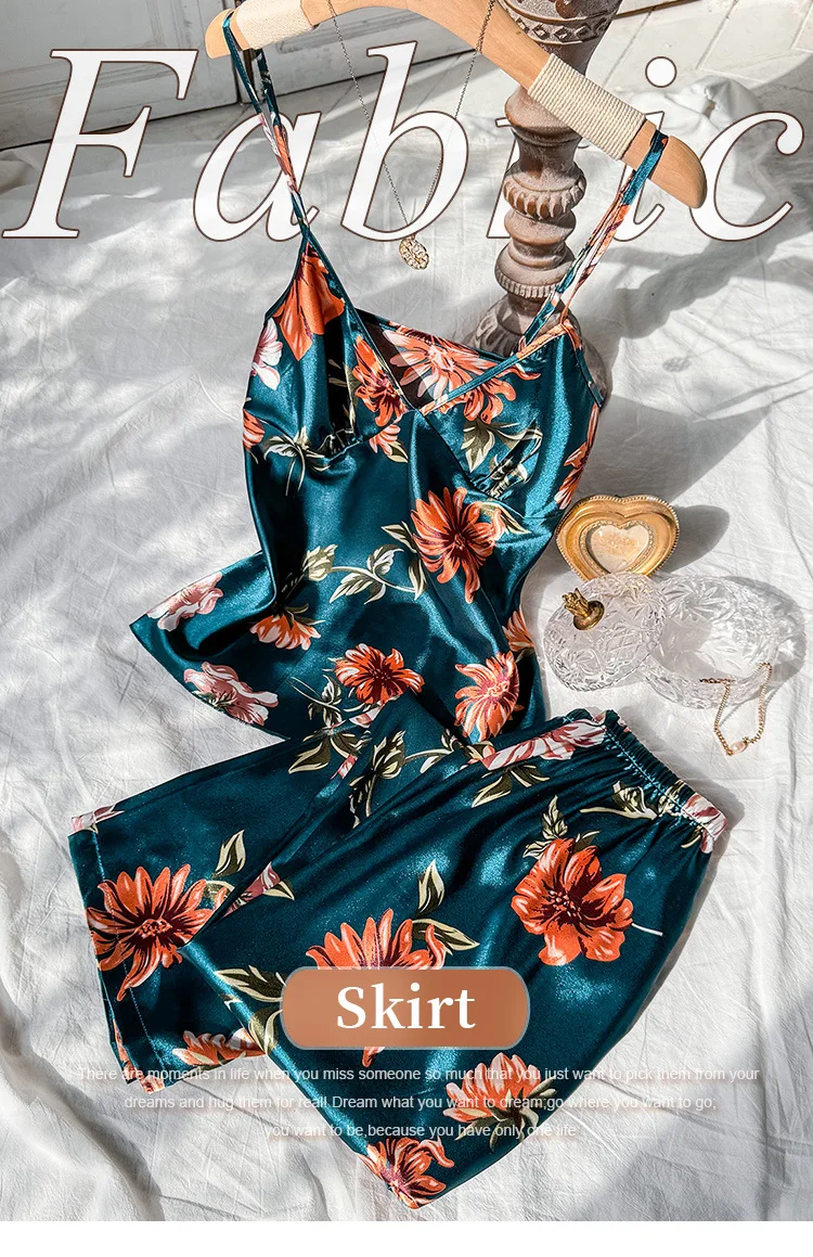 2pcs Summer Women Dress  Printed Suspenders and Long Pants Silk Breathable Backless V-Neck Sling for Home Wear Women Pajamas