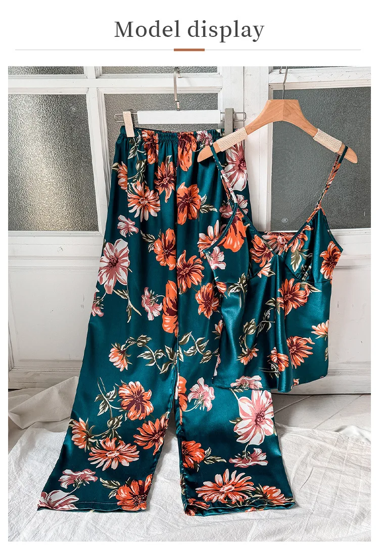 2pcs Summer Women Dress  Printed Suspenders and Long Pants Silk Breathable Backless V-Neck Sling for Home Wear Women Pajamas