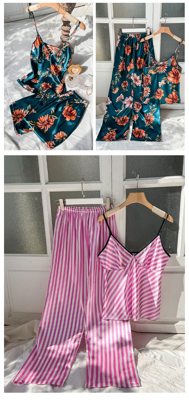 2pcs Summer Women Dress  Printed Suspenders and Long Pants Silk Breathable Backless V-Neck Sling for Home Wear Women Pajamas