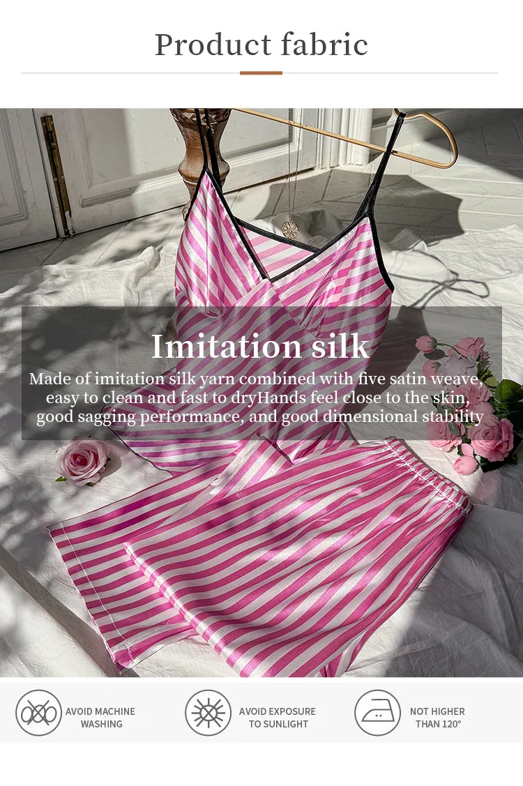 2pcs Summer Women Dress  Printed Suspenders and Long Pants Silk Breathable Backless V-Neck Sling for Home Wear Women Pajamas