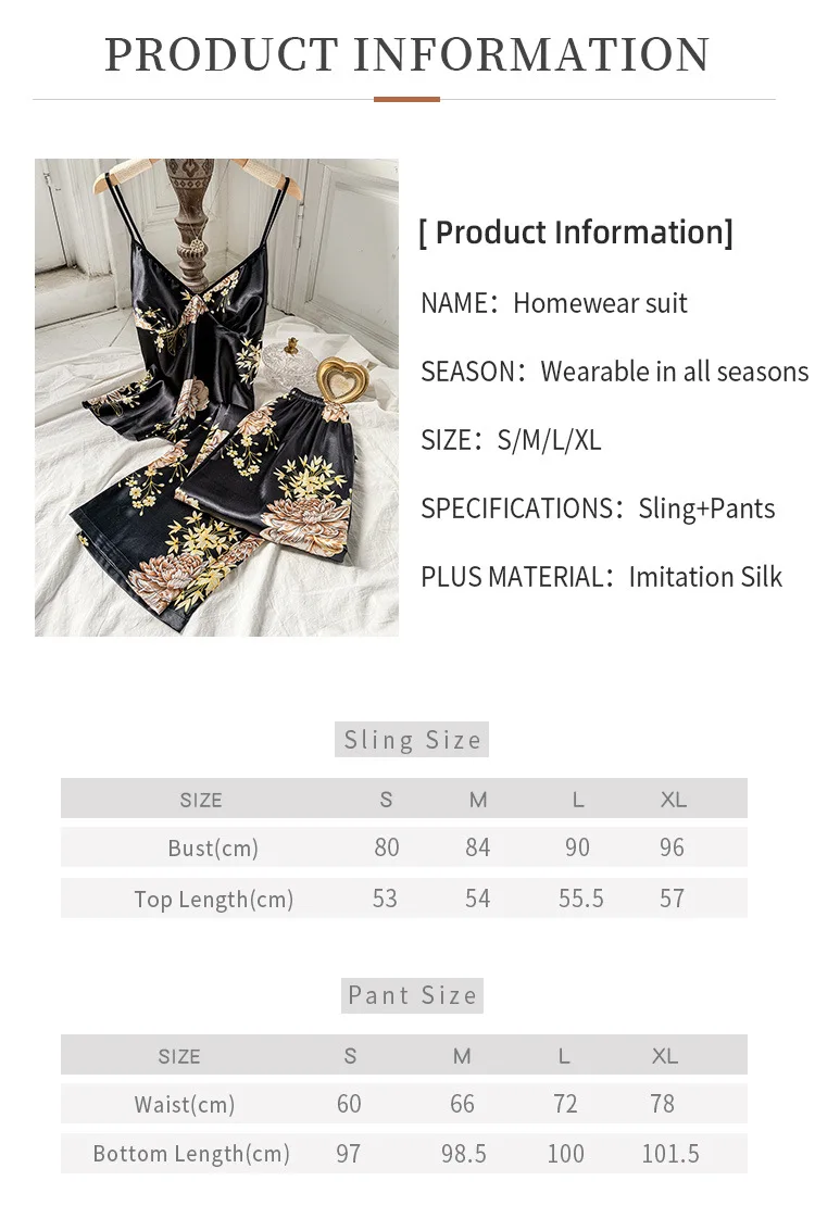 2pcs Summer Women Dress  Printed Suspenders and Long Pants Silk Breathable Backless V-Neck Sling for Home Wear Women Pajamas
