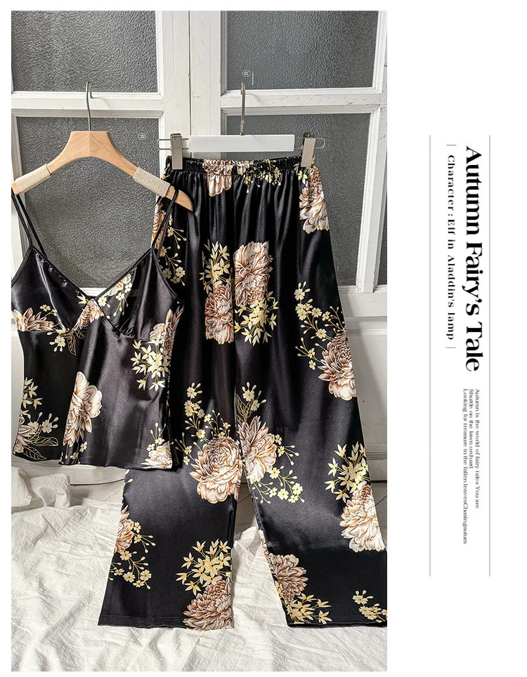 2pcs Summer Women Dress  Printed Suspenders and Long Pants Silk Breathable Backless V-Neck Sling for Home Wear Women Pajamas