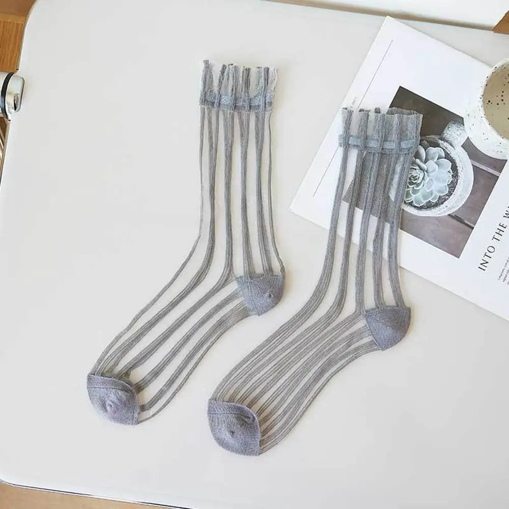 Ultra-thin Cute Mesh Summer Transparent For Women Glass Silk Socks Female Hosiery Striped Socks Middle Tube Socks