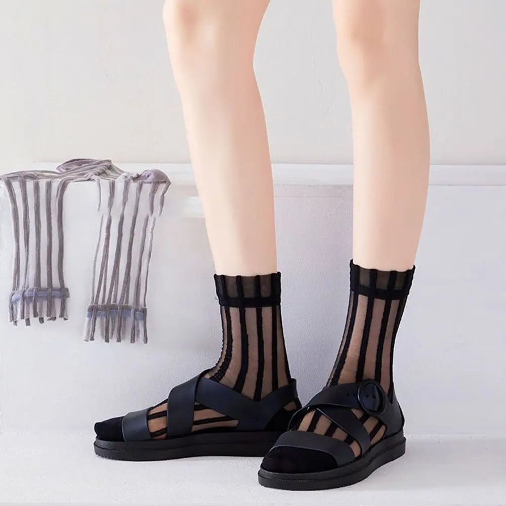Ultra-thin Cute Mesh Summer Transparent For Women Glass Silk Socks Female Hosiery Striped Socks Middle Tube Socks