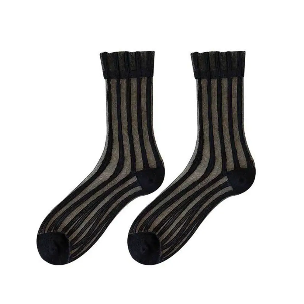 Ultra-thin Cute Mesh Summer Transparent For Women Glass Silk Socks Female Hosiery Striped Socks Middle Tube Socks