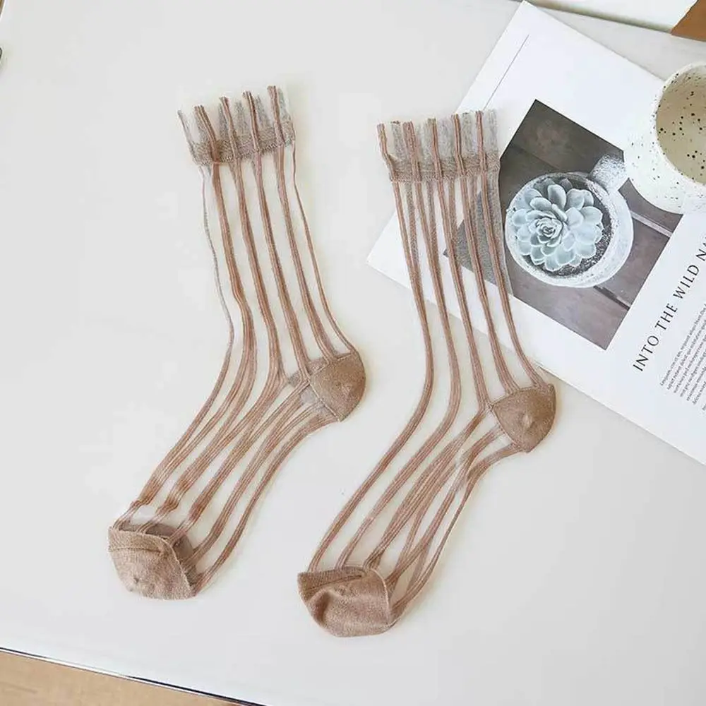 Ultra-thin Cute Mesh Summer Transparent For Women Glass Silk Socks Female Hosiery Striped Socks Middle Tube Socks