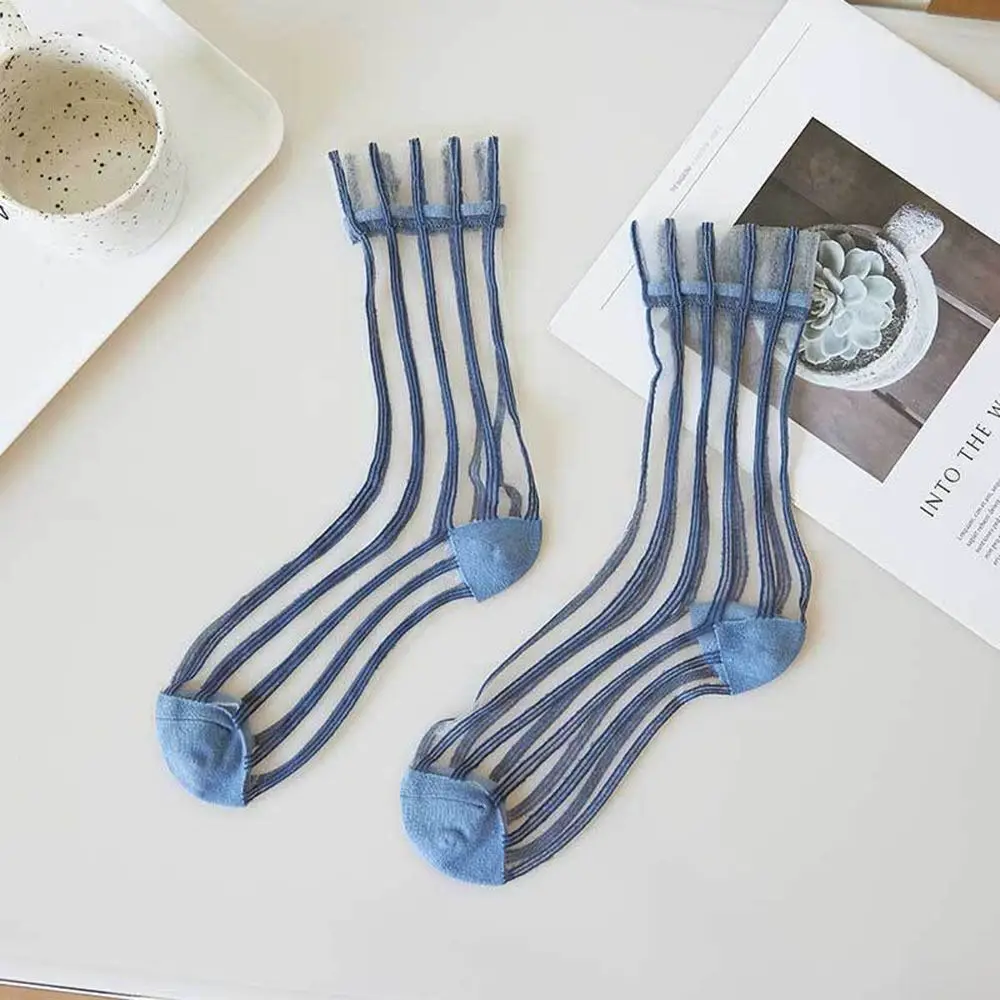 Ultra-thin Cute Mesh Summer Transparent For Women Glass Silk Socks Female Hosiery Striped Socks Middle Tube Socks