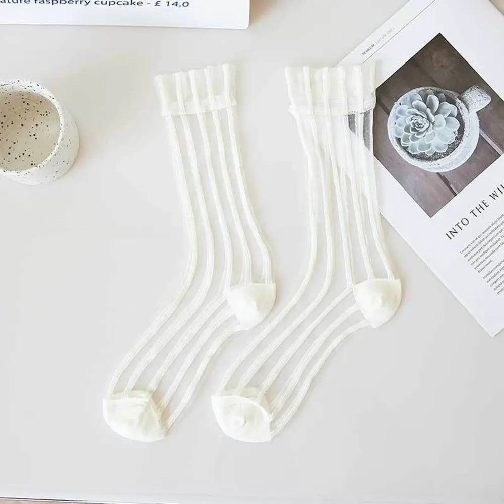 Ultra-thin Cute Mesh Summer Transparent For Women Glass Silk Socks Female Hosiery Striped Socks Middle Tube Socks