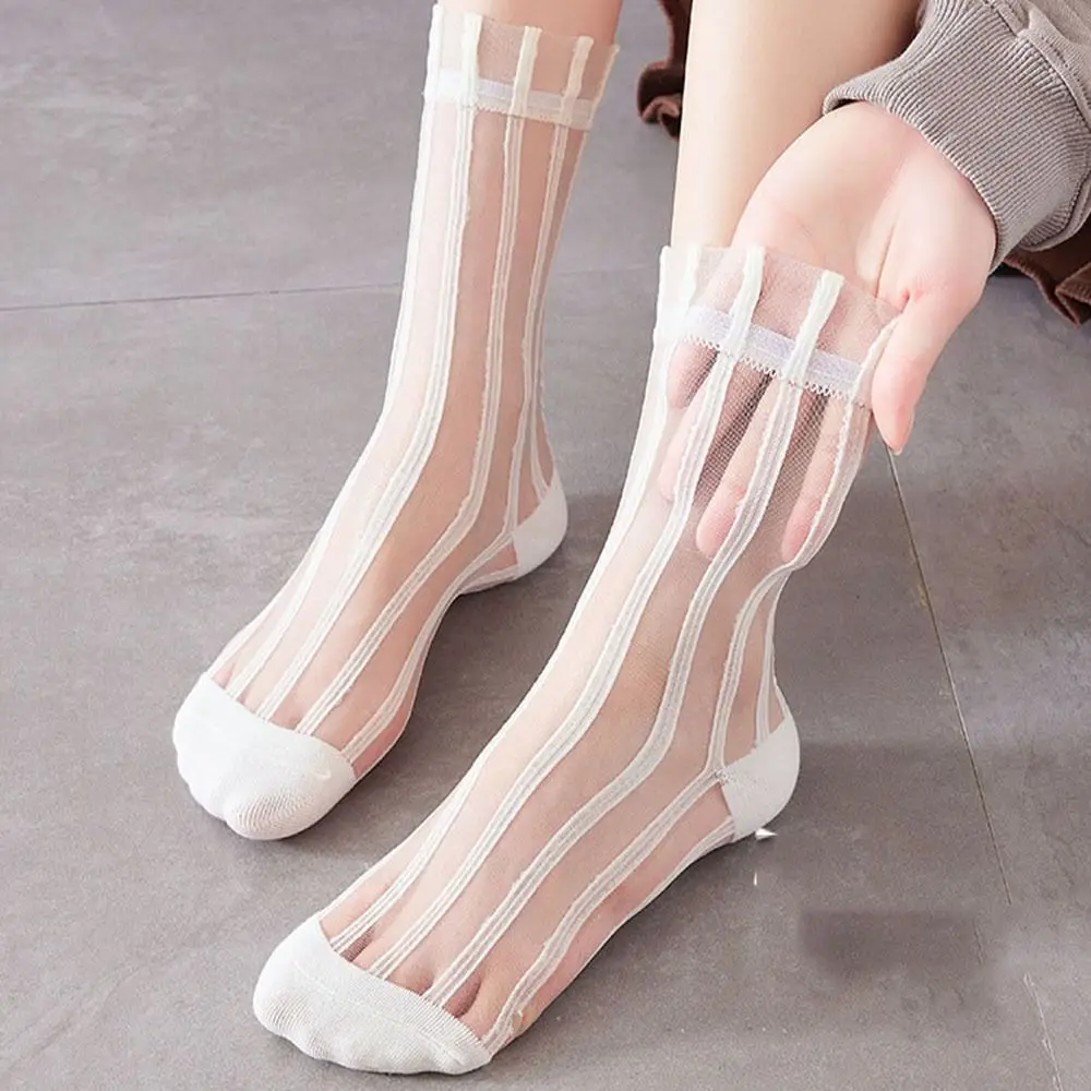 Ultra-thin Cute Mesh Summer Transparent For Women Glass Silk Socks Female Hosiery Striped Socks Middle Tube Socks