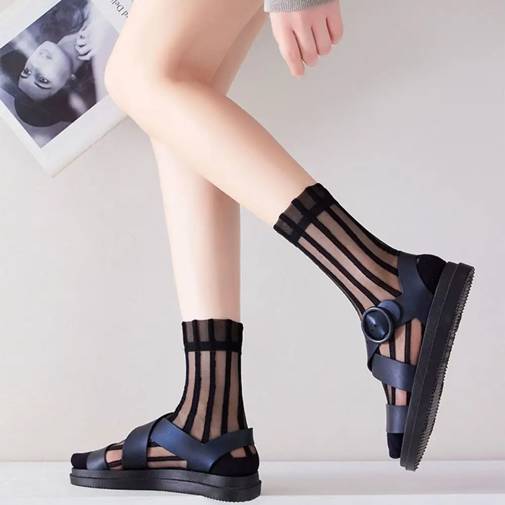 Ultra-thin Cute Mesh Summer Transparent For Women Glass Silk Socks Female Hosiery Striped Socks Middle Tube Socks