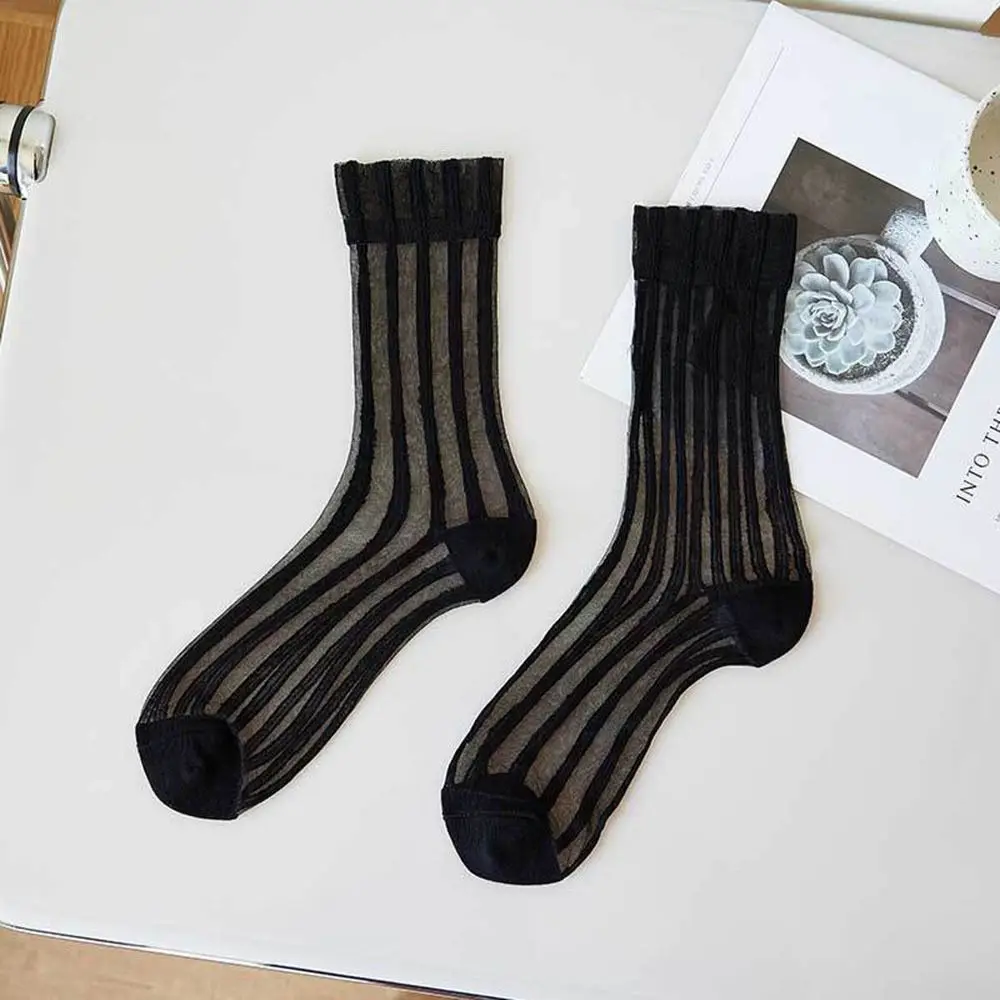Ultra-thin Cute Mesh Summer Transparent For Women Glass Silk Socks Female Hosiery Striped Socks Middle Tube Socks