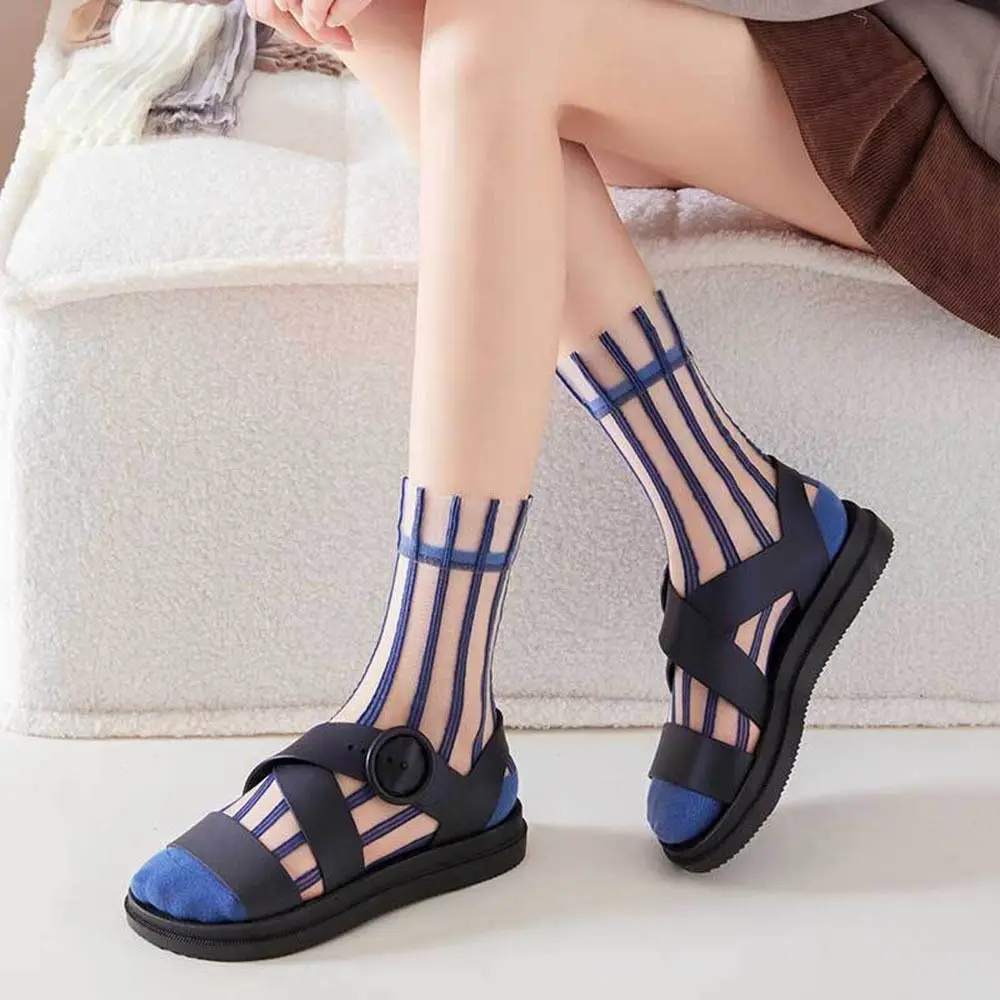 Ultra-thin Cute Mesh Summer Transparent For Women Glass Silk Socks Female Hosiery Striped Socks Middle Tube Socks
