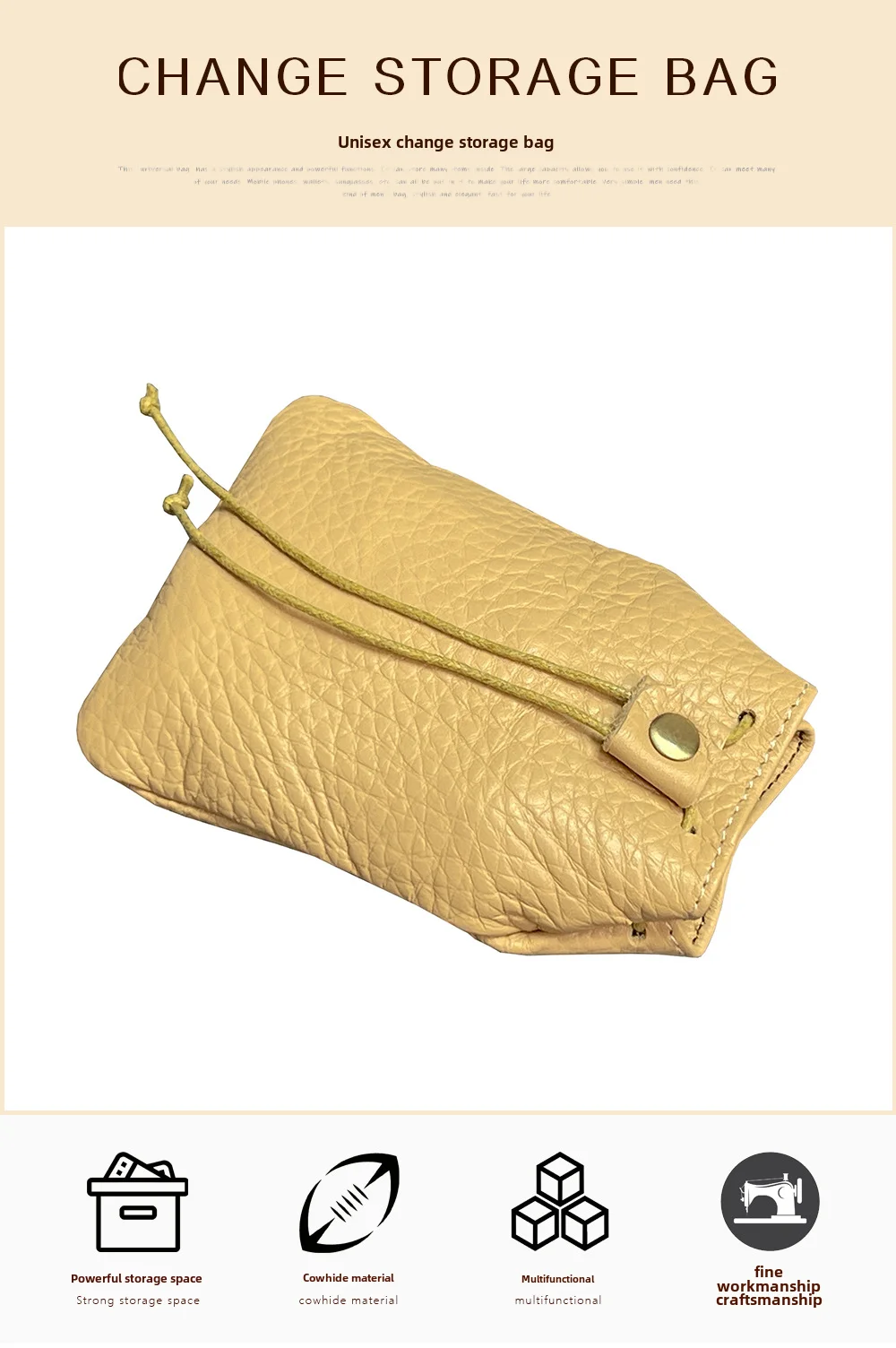 New Cow Leather Women's and Men's Drawstring Change Vintage Coin Bag Headphone Strap Purse Storage Bag For Man And Woman