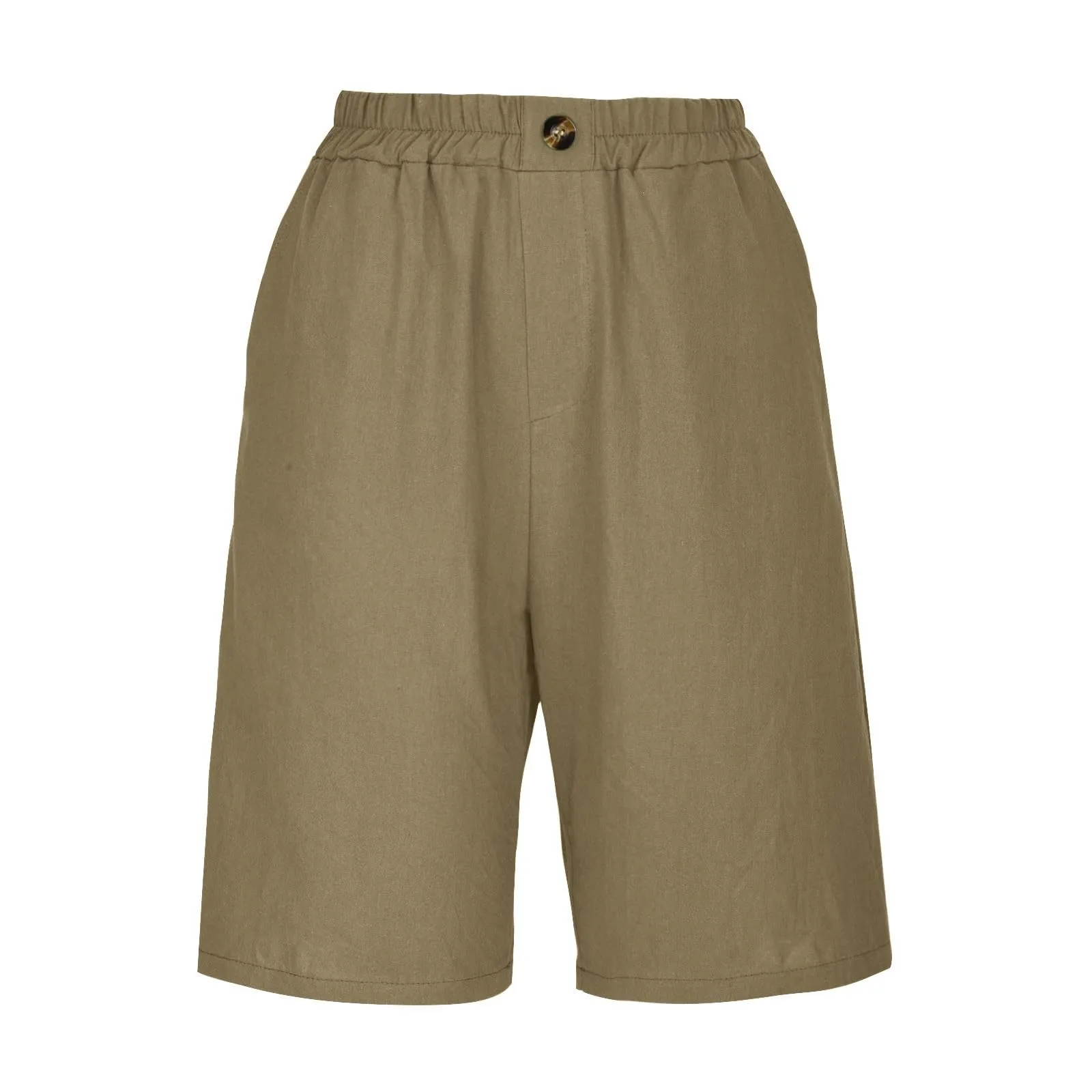 Female Fashion Solid Color Elastic High Waist Pocket Button Up Loose Cotton Linen Five Length Shorts Summer Soft Comfort Pants