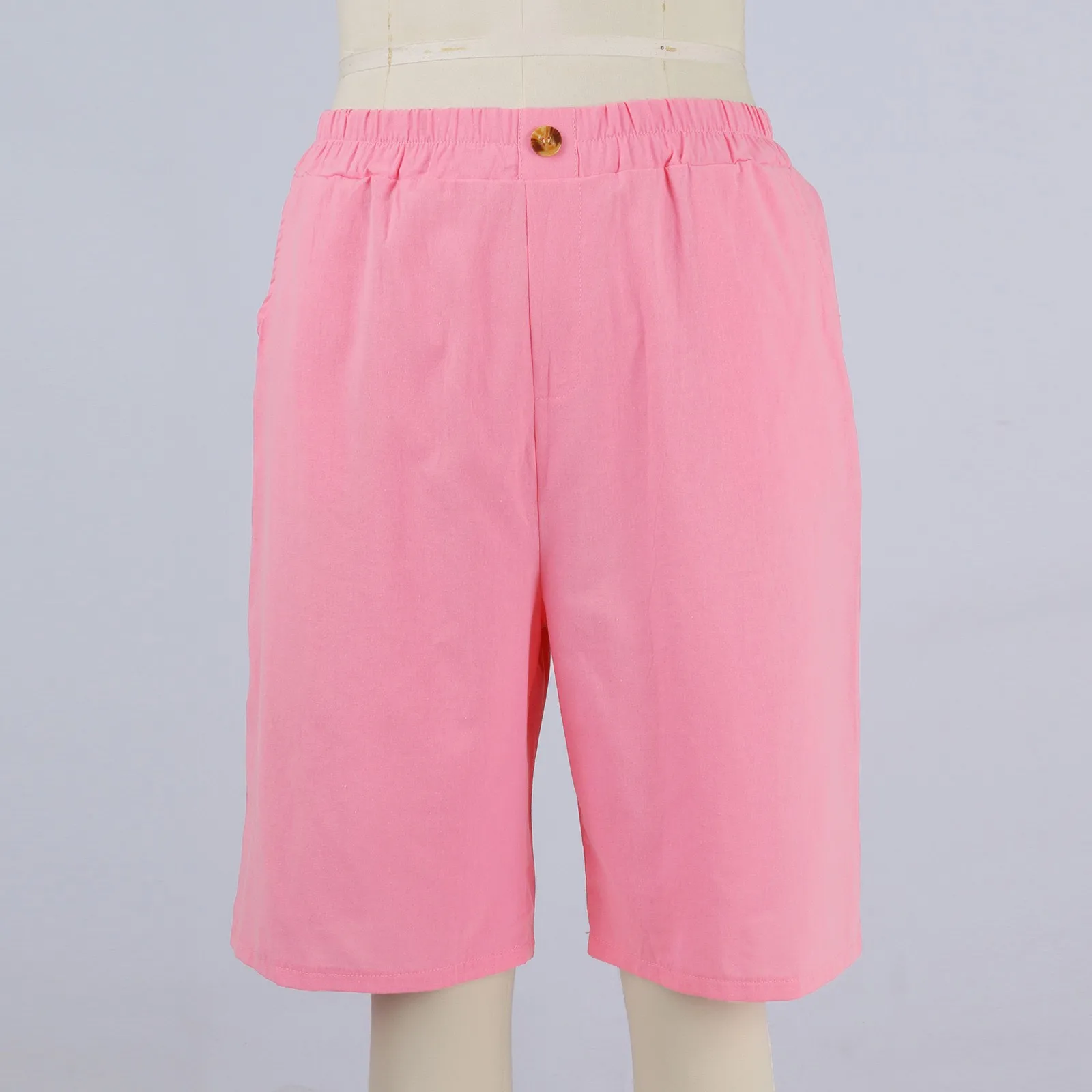 Female Fashion Solid Color Elastic High Waist Pocket Button Up Loose Cotton Linen Five Length Shorts Summer Soft Comfort Pants