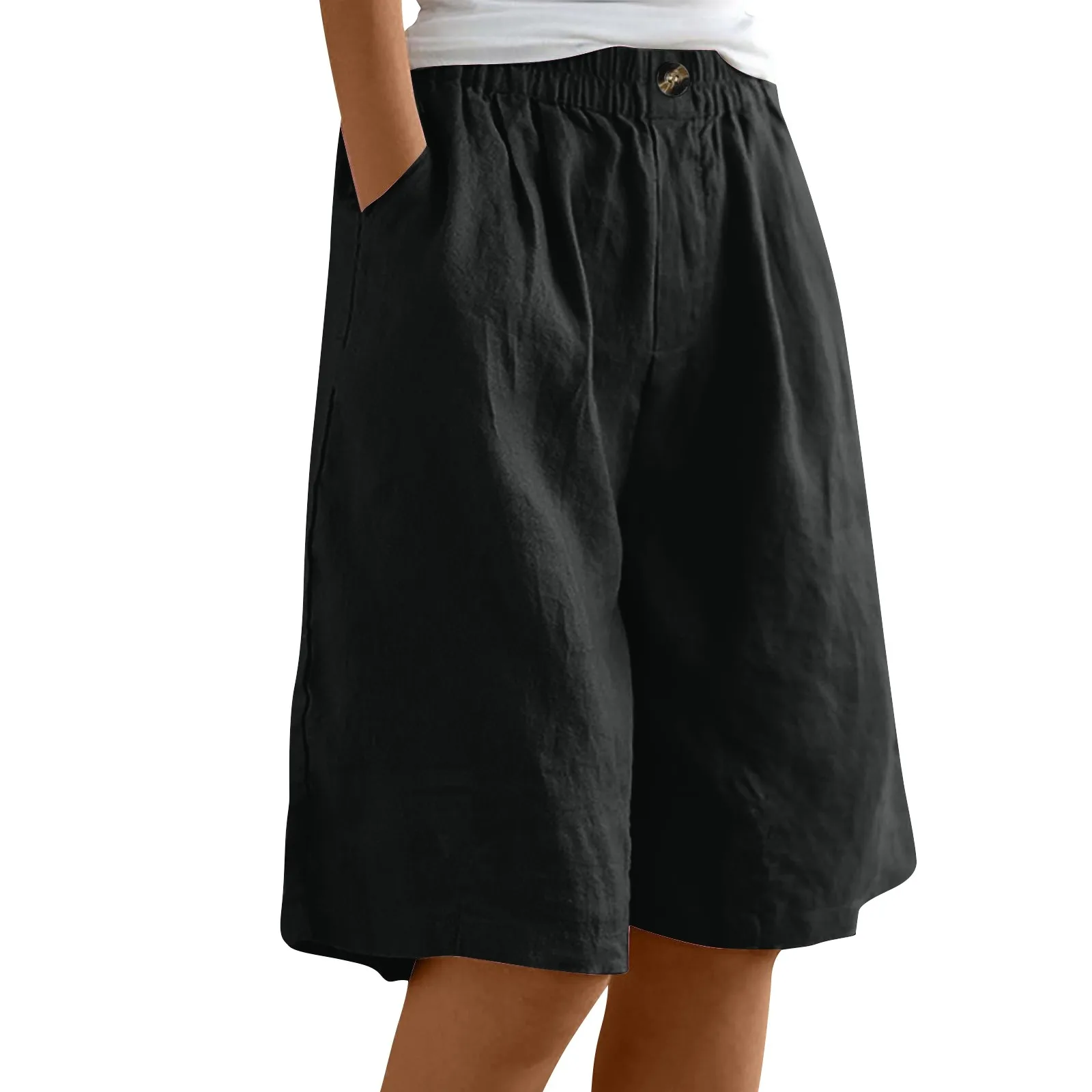 Female Fashion Solid Color Elastic High Waist Pocket Button Up Loose Cotton Linen Five Length Shorts Summer Soft Comfort Pants