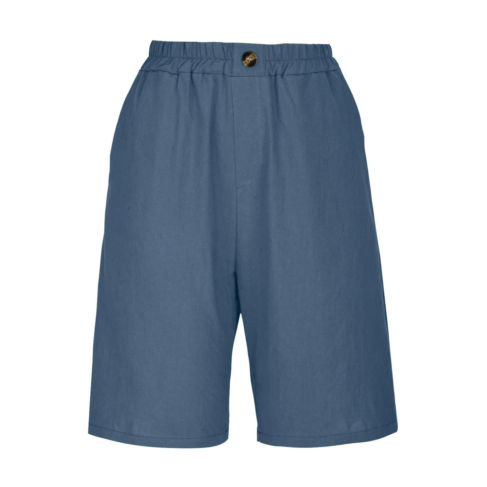 Female Fashion Solid Color Elastic High Waist Pocket Button Up Loose Cotton Linen Five Length Shorts Summer Soft Comfort Pants