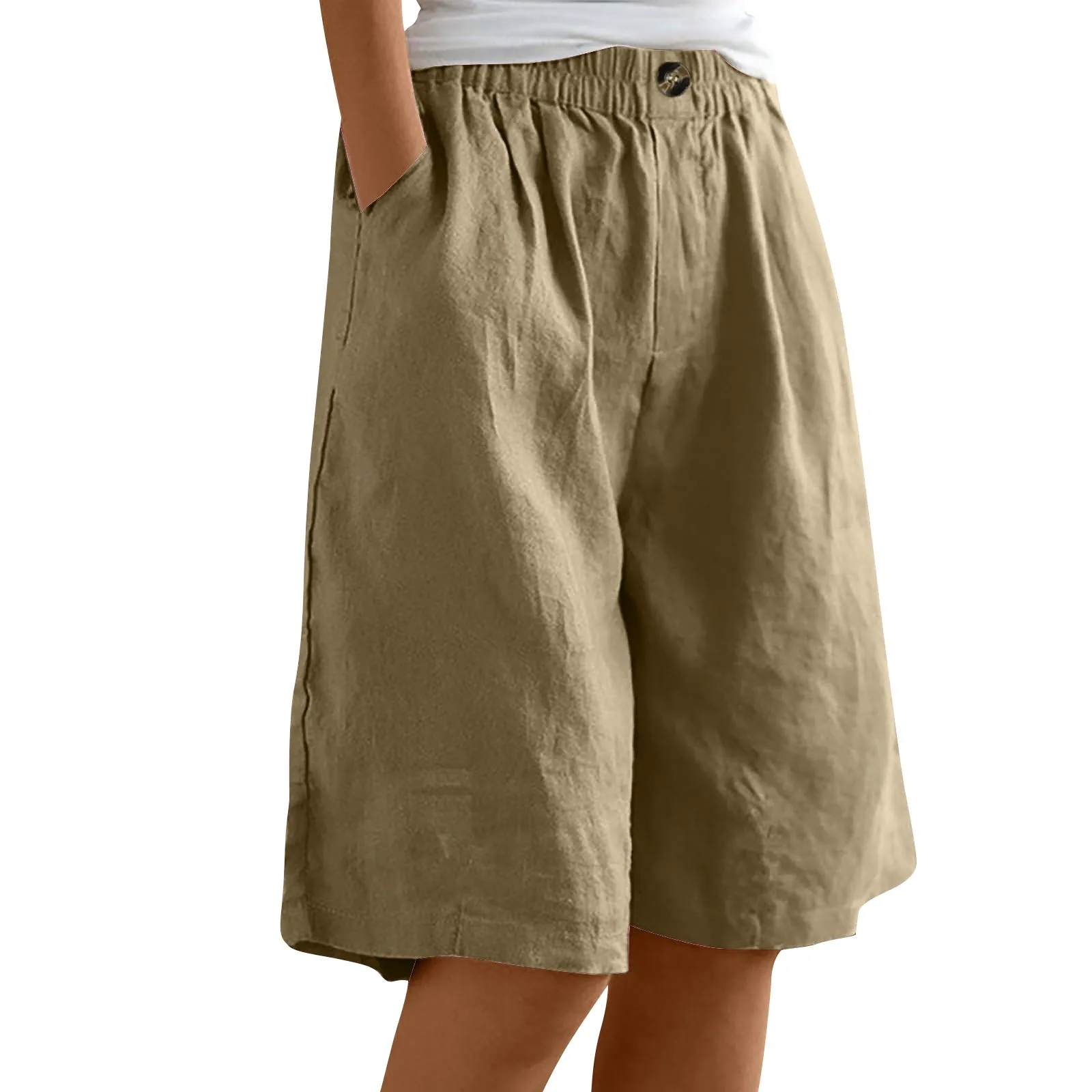 Female Fashion Solid Color Elastic High Waist Pocket Button Up Loose Cotton Linen Five Length Shorts Summer Soft Comfort Pants