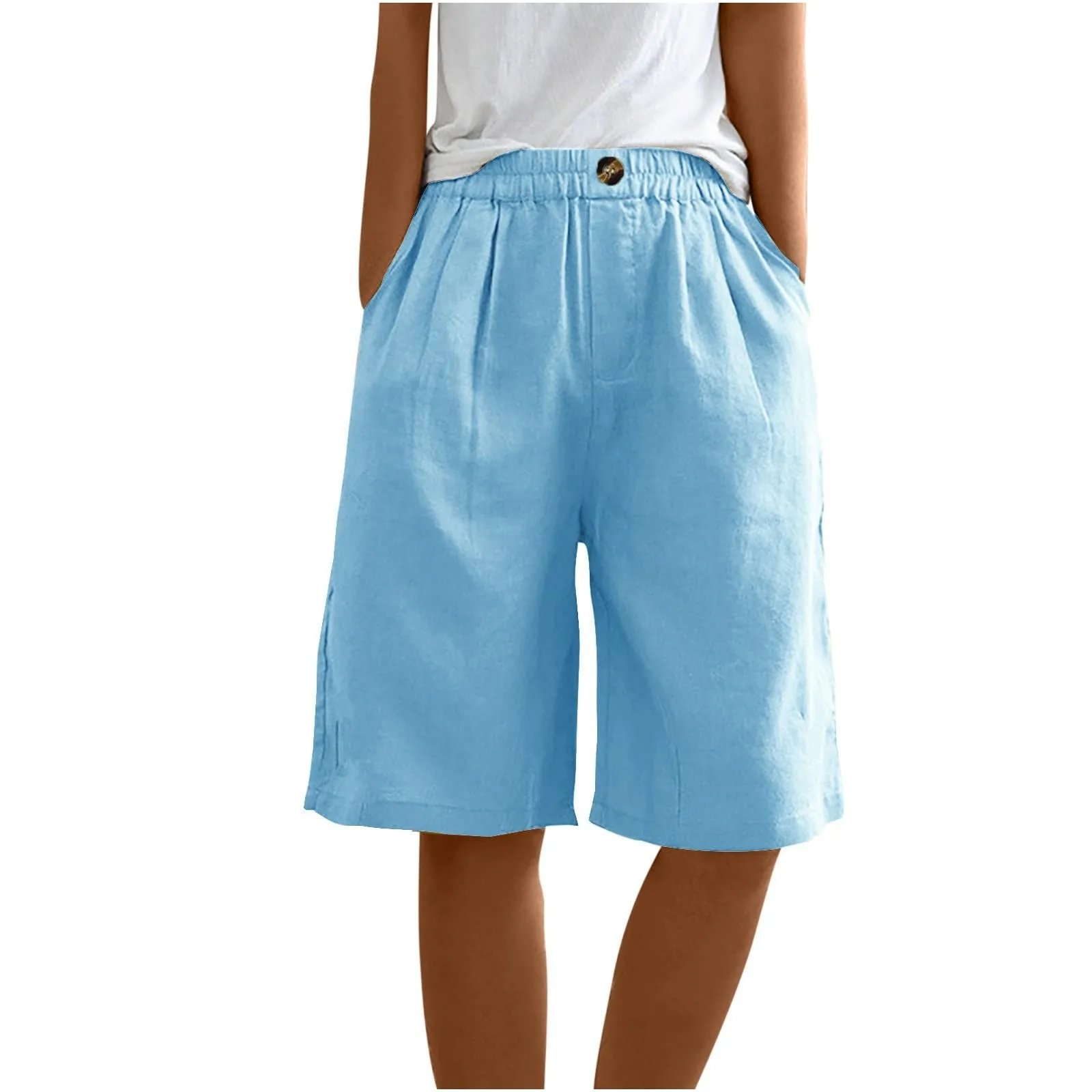 Female Fashion Solid Color Elastic High Waist Pocket Button Up Loose Cotton Linen Five Length Shorts Summer Soft Comfort Pants