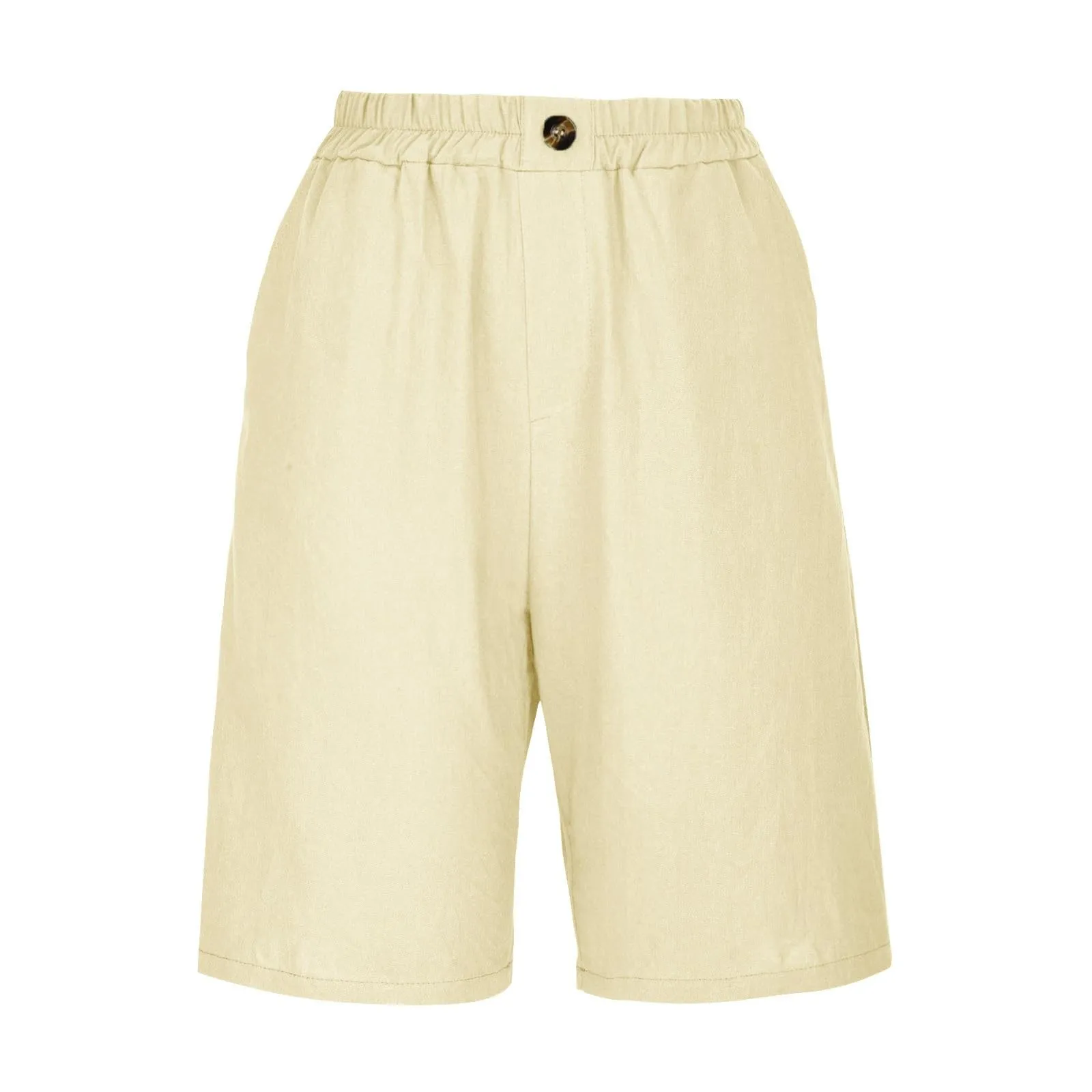Female Fashion Solid Color Elastic High Waist Pocket Button Up Loose Cotton Linen Five Length Shorts Summer Soft Comfort Pants