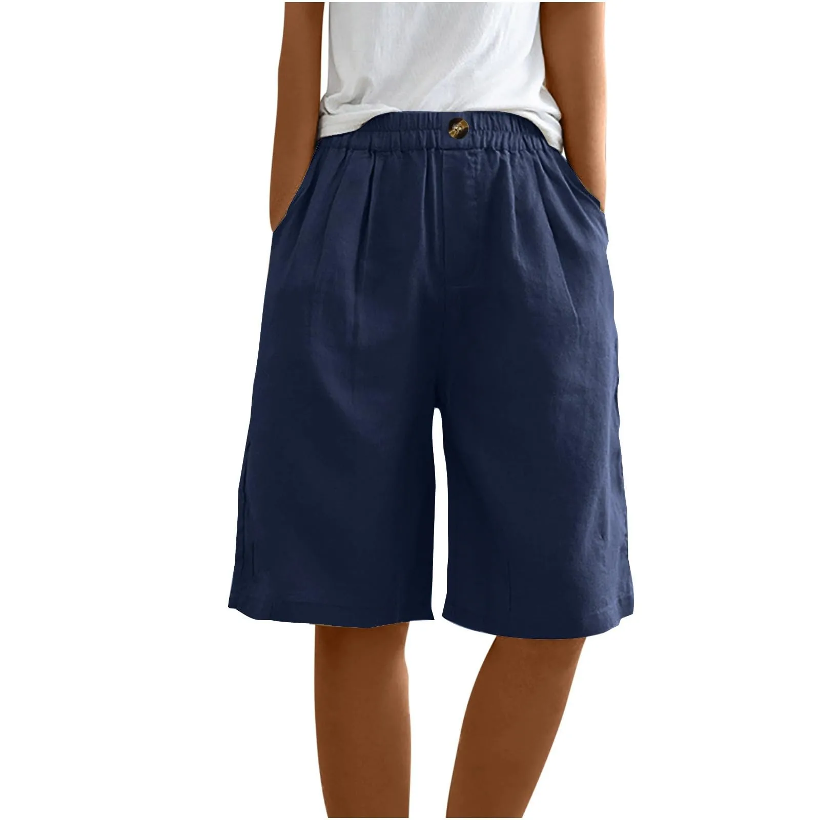 Female Fashion Solid Color Elastic High Waist Pocket Button Up Loose Cotton Linen Five Length Shorts Summer Soft Comfort Pants