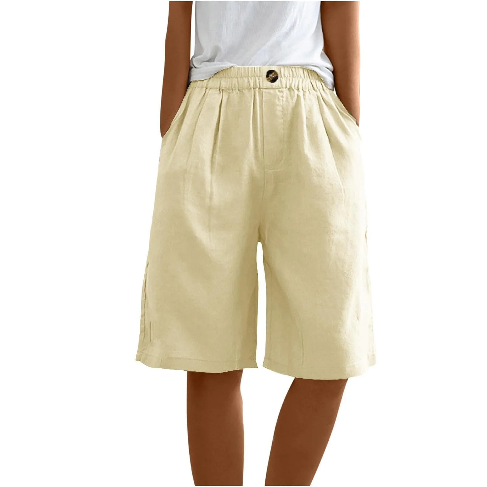 Female Fashion Solid Color Elastic High Waist Pocket Button Up Loose Cotton Linen Five Length Shorts Summer Soft Comfort Pants