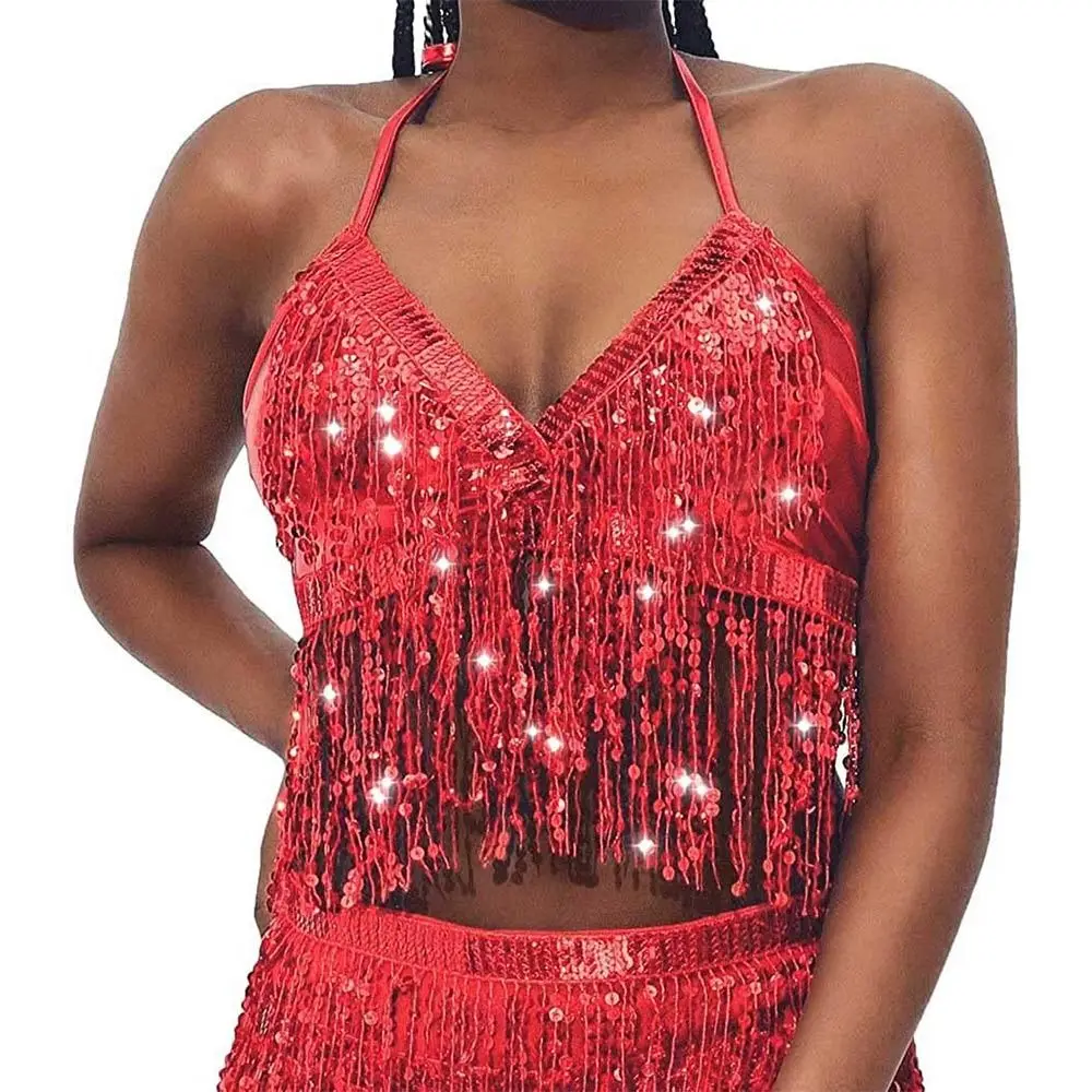 Belly Dance Sequin Fringe Top Nightclub Performance Halter Bra Dance Wear