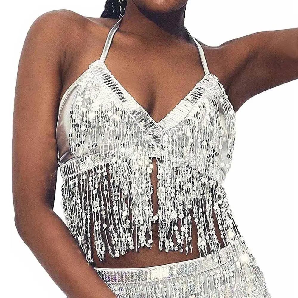 Belly Dance Sequin Fringe Top Nightclub Performance Halter Bra Dance Wear