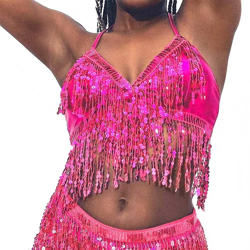Belly Dance Sequin Fringe Top Nightclub Performance Halter Bra Dance Wear