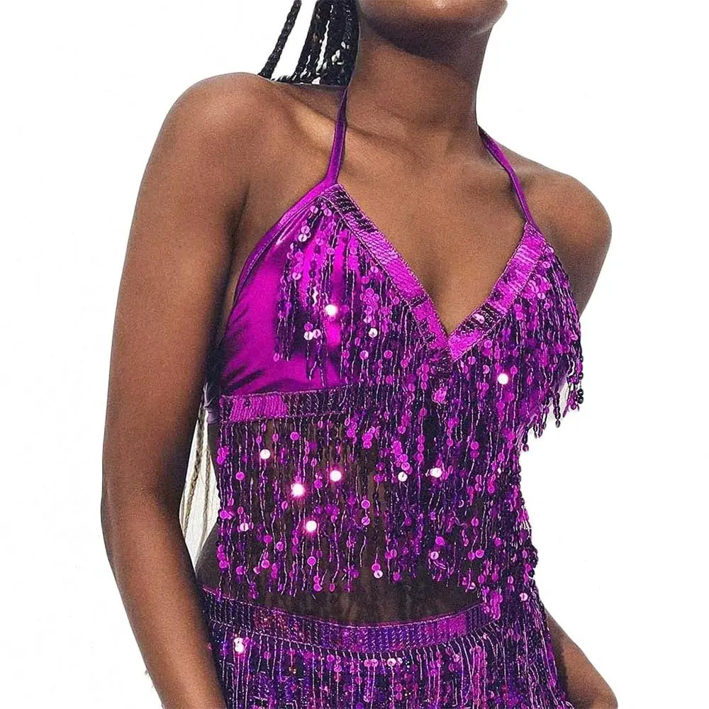Belly Dance Sequin Fringe Top Nightclub Performance Halter Bra Dance Wear