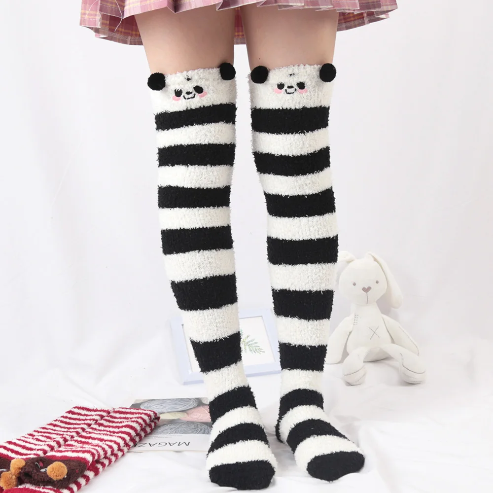 Soft Coral Fleece Sweet Knee Socks Winter Warm Girl Women Cute Cartoon Animal Stockings Striped Cozy Thigh High Christmas Gift