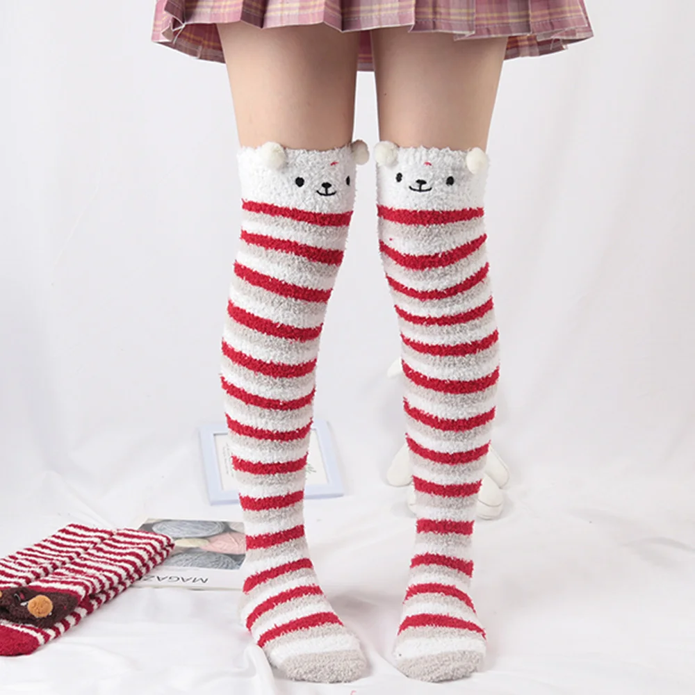 Soft Coral Fleece Sweet Knee Socks Winter Warm Girl Women Cute Cartoon Animal Stockings Striped Cozy Thigh High Christmas Gift