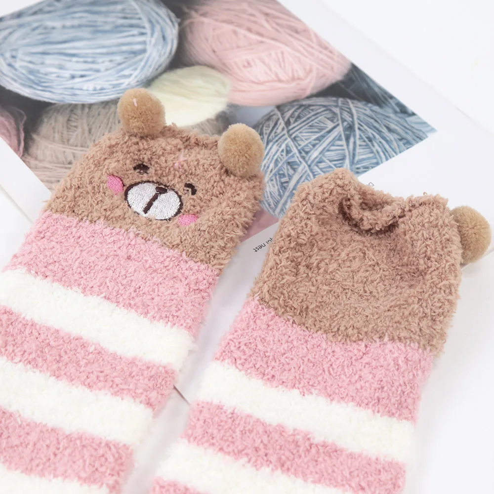 Soft Coral Fleece Sweet Knee Socks Winter Warm Girl Women Cute Cartoon Animal Stockings Striped Cozy Thigh High Christmas Gift