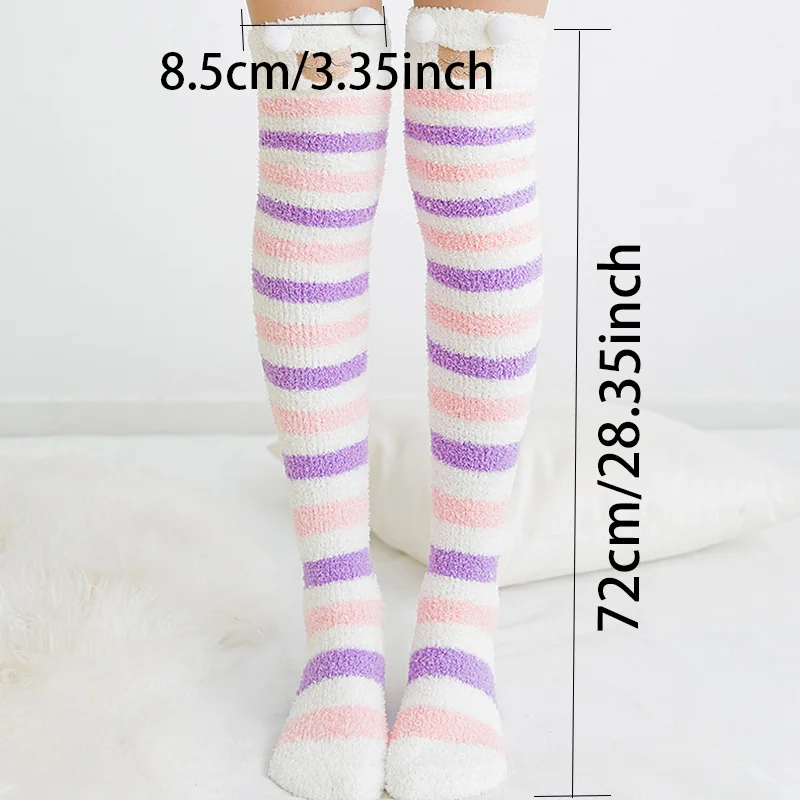 Soft Coral Fleece Sweet Knee Socks Winter Warm Girl Women Cute Cartoon Animal Stockings Striped Cozy Thigh High Christmas Gift