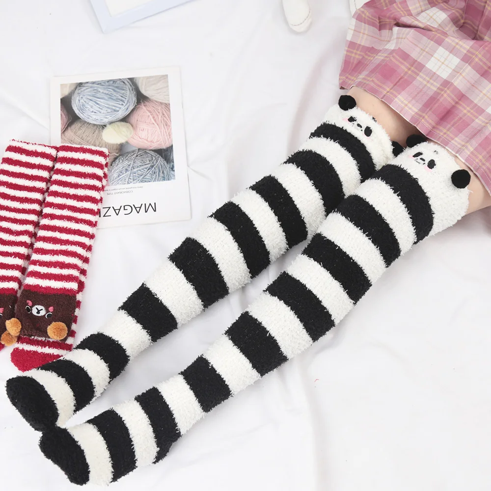 Soft Coral Fleece Sweet Knee Socks Winter Warm Girl Women Cute Cartoon Animal Stockings Striped Cozy Thigh High Christmas Gift