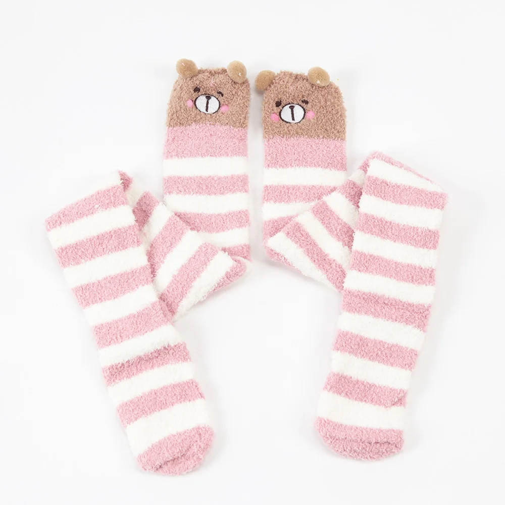 Soft Coral Fleece Sweet Knee Socks Winter Warm Girl Women Cute Cartoon Animal Stockings Striped Cozy Thigh High Christmas Gift
