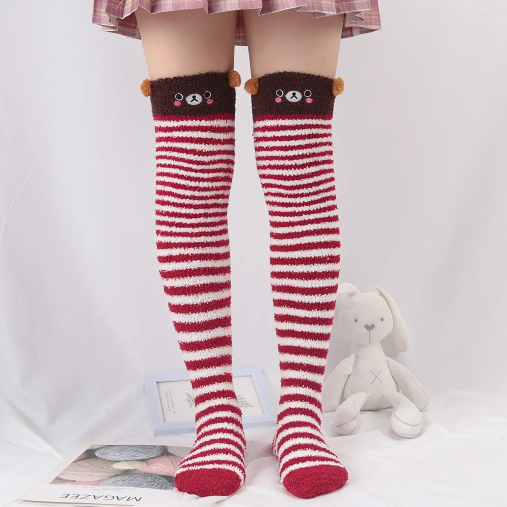 Soft Coral Fleece Sweet Knee Socks Winter Warm Girl Women Cute Cartoon Animal Stockings Striped Cozy Thigh High Christmas Gift