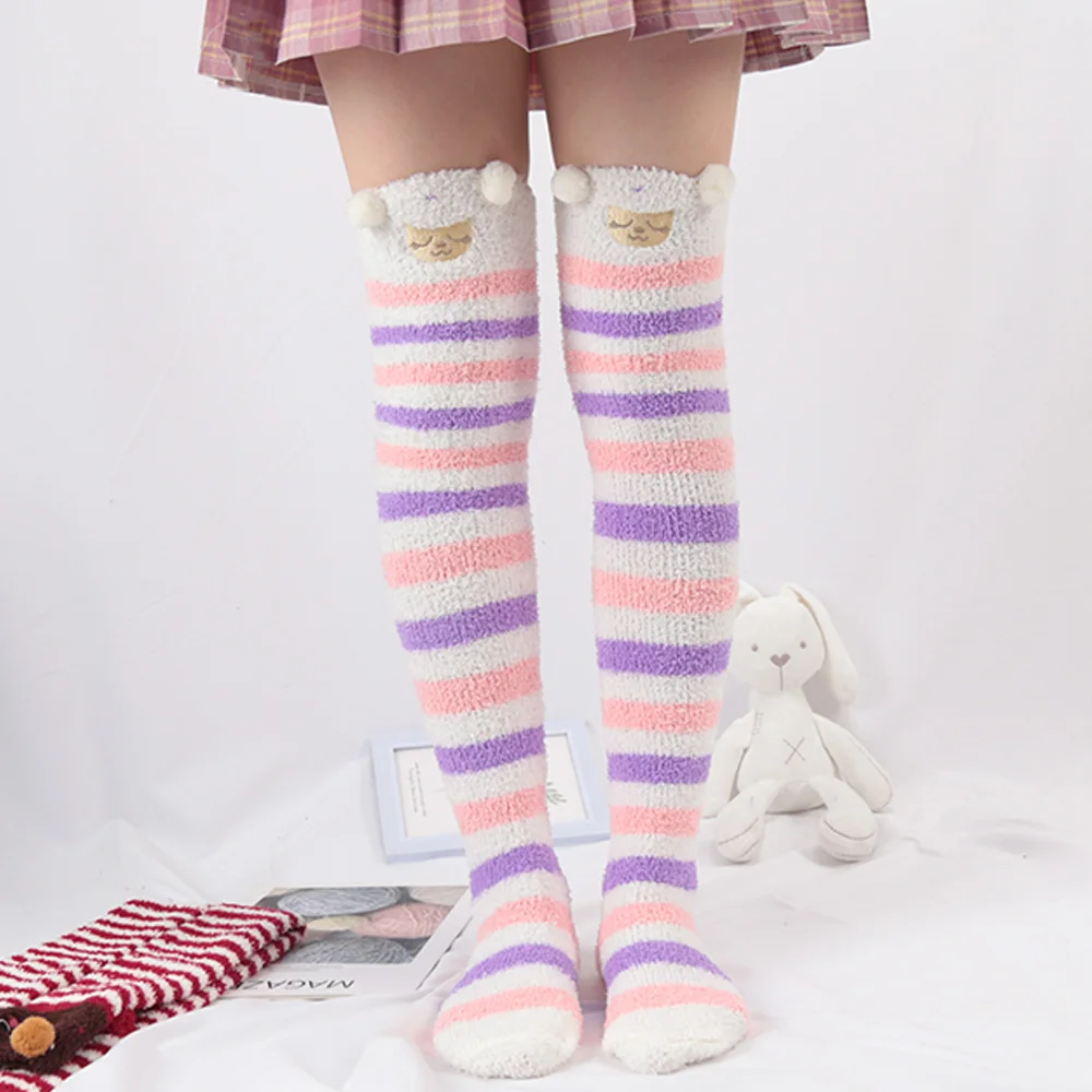 Soft Coral Fleece Sweet Knee Socks Winter Warm Girl Women Cute Cartoon Animal Stockings Striped Cozy Thigh High Christmas Gift