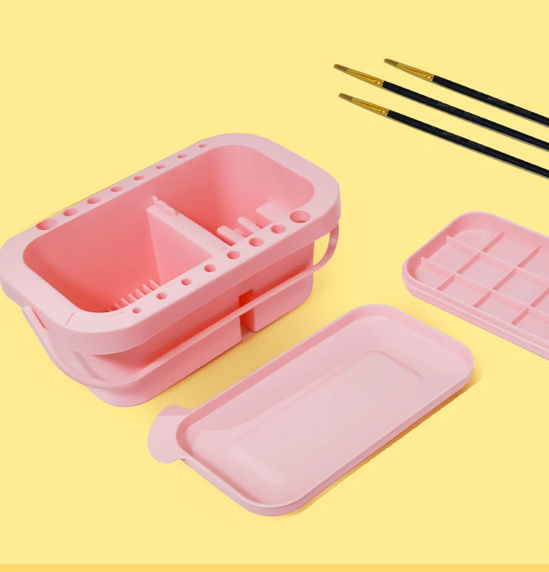 Multi-Use Paint Brush Basin with Brushes Holder,Washer,Trays,Palette Box-Artist Cleaner Cup for Watercolor Oil Painting with Lid