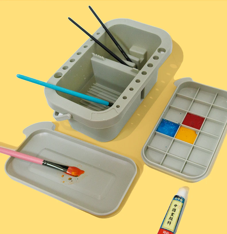 Multi-Use Paint Brush Basin with Brushes Holder,Washer,Trays,Palette Box-Artist Cleaner Cup for Watercolor Oil Painting with Lid
