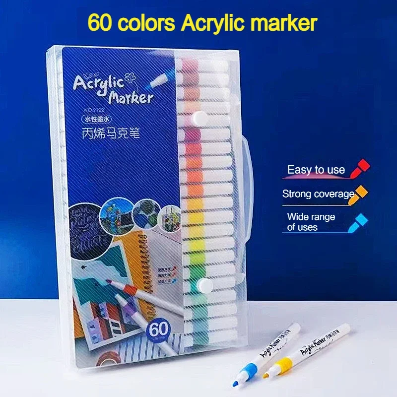 12-60 Colors Acrylic Markers Pen Set Paint Art Marker Soft Tip Pen for Children Stone Paint Ceramic Glass Wood Fabric Painting