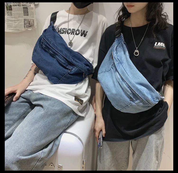 High quality Denim Waist Bag College Style Crossbody Chest Pack Casual Street Fanny Pack Unisex Shoulder Bag Teenager Chest Bags