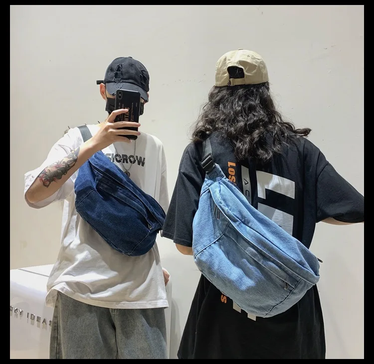 High quality Denim Waist Bag College Style Crossbody Chest Pack Casual Street Fanny Pack Unisex Shoulder Bag Teenager Chest Bags