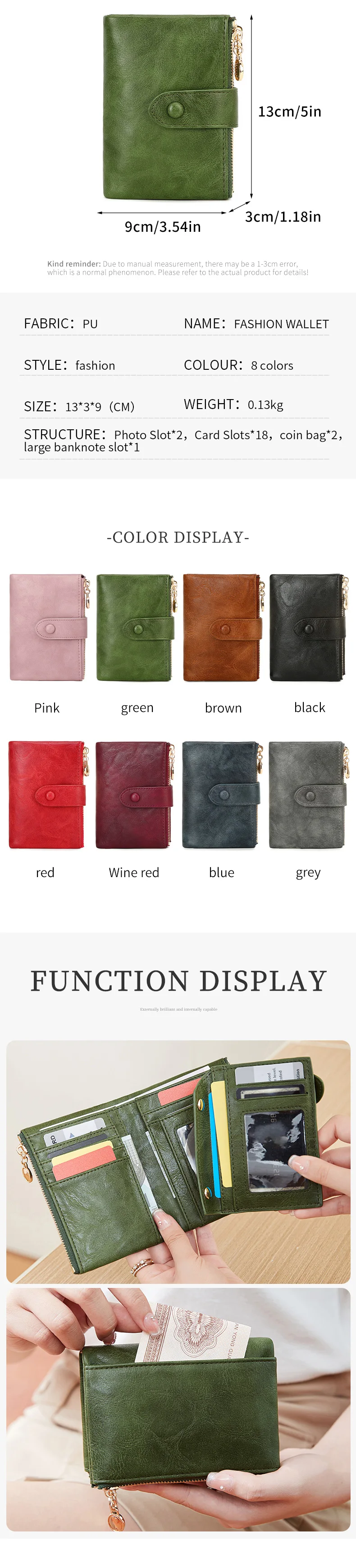 Minimalist Women's Wallet Short Three Layer Large Capacity Double Zipper Card Holder ID Card Credit Bank Card Holder Money Bag