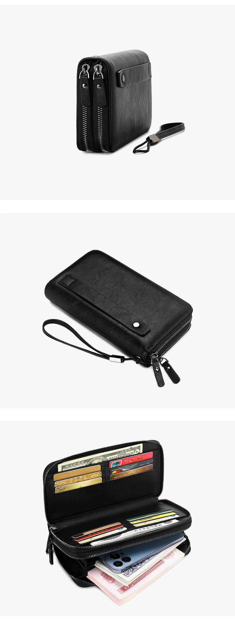 Business RFID Men's Handbag New Double Zipper Large Capacity Men's Wallet High Quality PU Leather Multi Functional Men's Card Ba