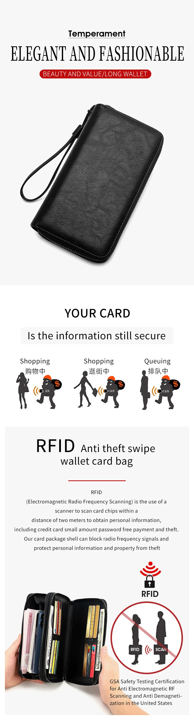 Business RFID Men's Handbag New Double Zipper Large Capacity Men's Wallet High Quality PU Leather Multi Functional Men's Card Ba