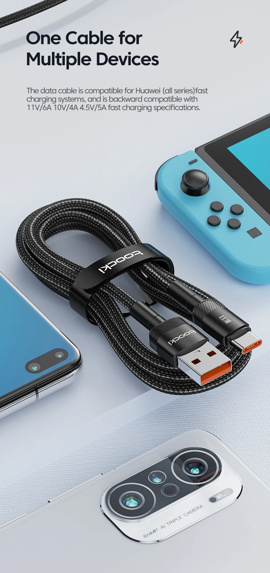 Toocki 100W 6A USB C Fast Charging Data USB Cable Type C For Huawei Honor Oneplus Realme Xiaomi Samsung USB A To C Phone Cord