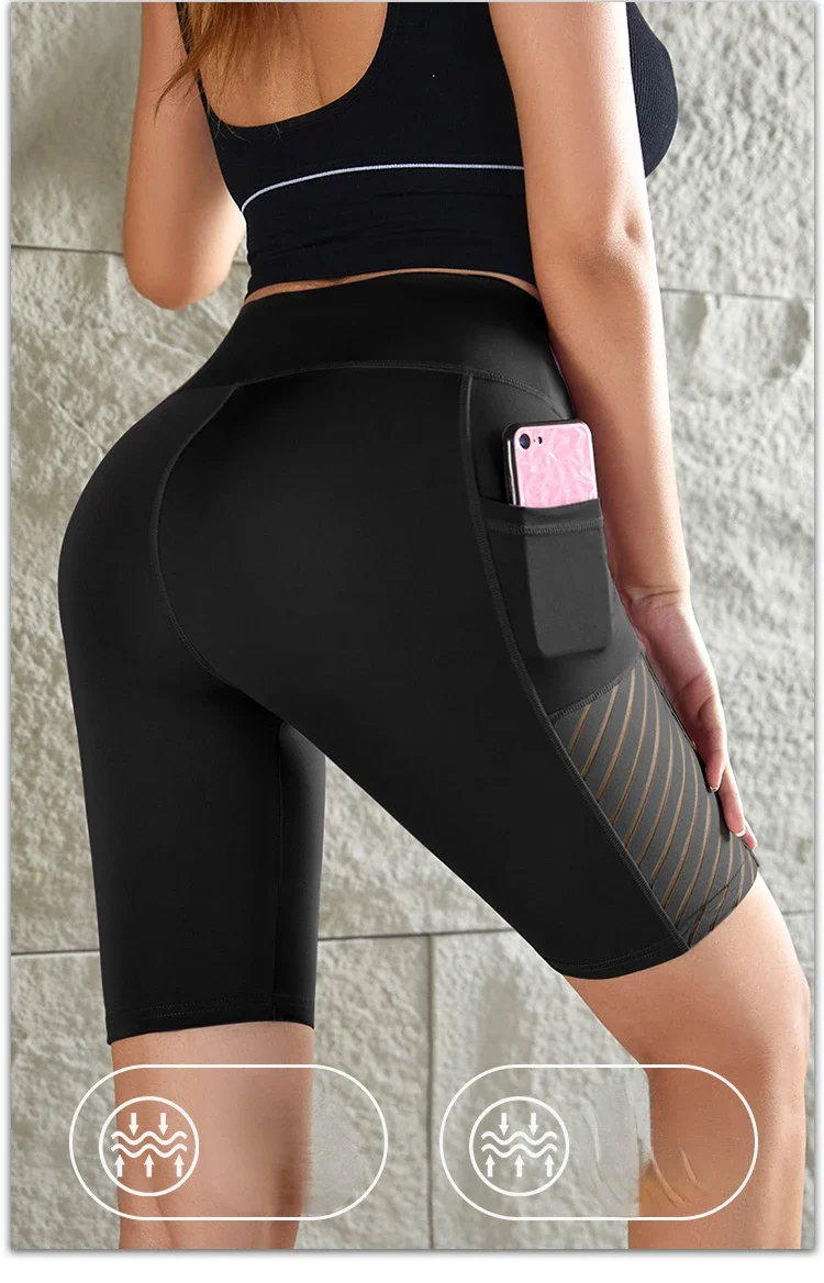 Women Mesh Shorts with Pocket Seamless Slim Leggings Gym Workout Sports Shorts Stretchy High Waist Butt Liftting Yoga Leggings